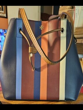 Tory Burch Striped Leather Drawstring Bucket Bag - Multi-Color